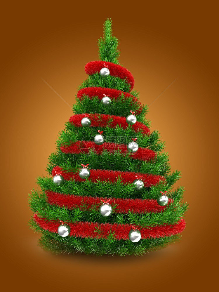 3d说明红锡和金属球在橙色背景之上绿圣诞树与红锡和金属球的绿色圣诞树图片