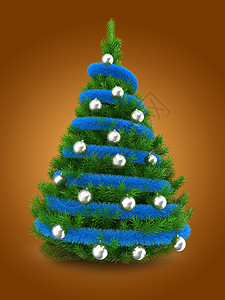 3d绿色圣诞树在橙背景上加蓝和银球的绿色圣诞树插图图片