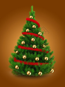 3d说明红锡和金球在橙色背景之上的绿圣诞树图片