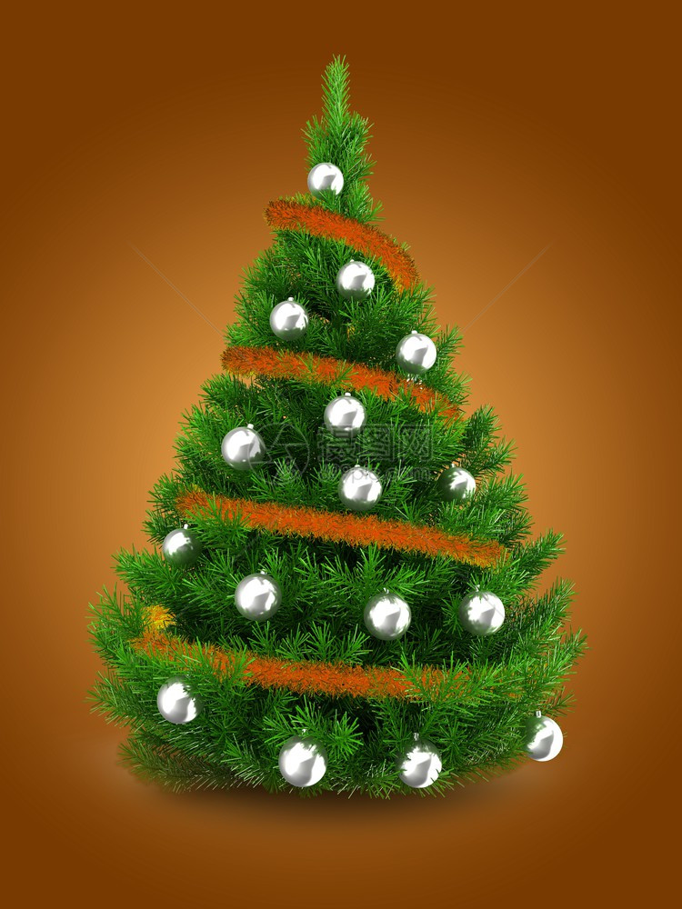 3d以橙色木罐和银球在橙色背景之上的绿圣诞树图片