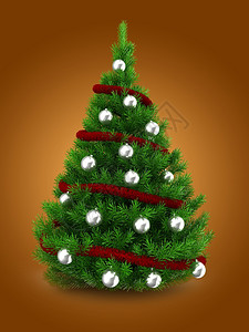 3d说明红锡和银球高于橙色背景的绿圣诞树图片