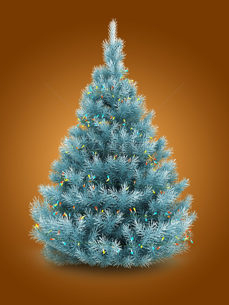 3d蓝色圣诞树在橙背景上加灯光的蓝色圣诞树插图图片