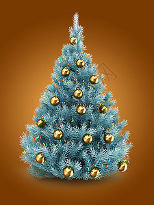 3d蓝色圣诞树在橙背景之上有灯光和金球的蓝色圣诞树插图图片