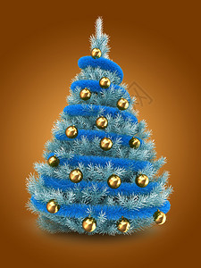 3d蓝色圣诞树在橙背景上方蓝和金球的蓝圣诞树插图图片