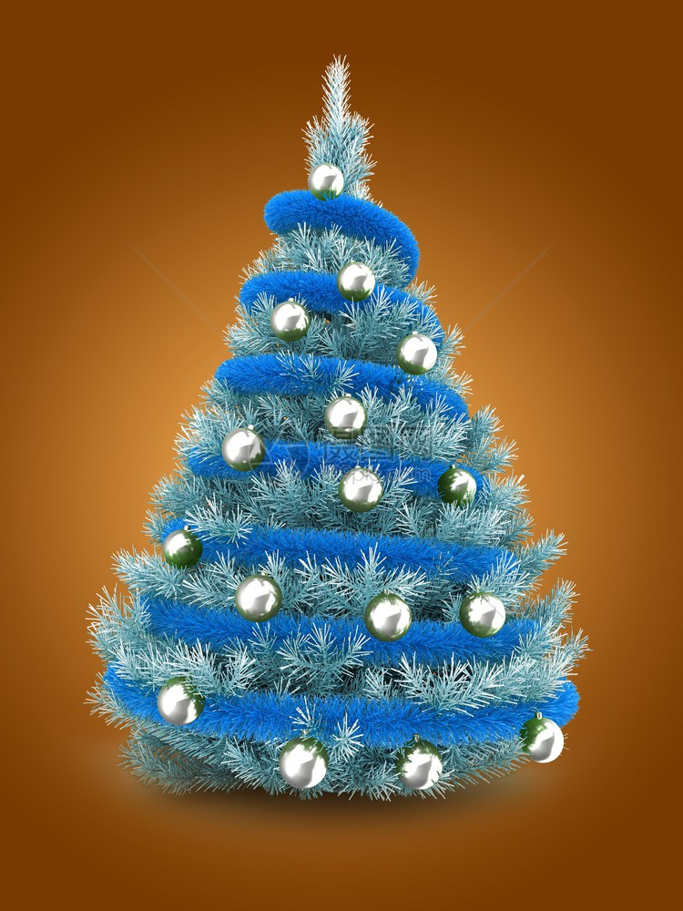 3d以蓝和银球覆盖橙色背景的蓝圣诞树图片