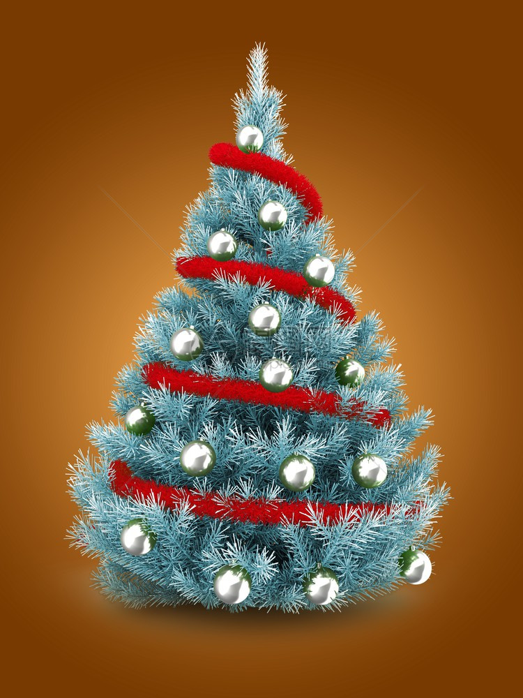 3d以红色锡和银球在橙背景之上的蓝圣诞树图片