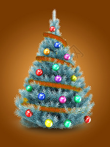 3d以橙色木薯和彩球在橙背景之上的蓝圣诞树图片