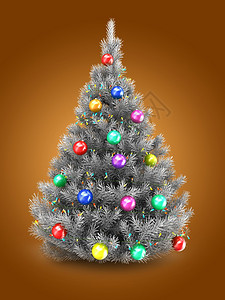 3d以亮光和彩色球在橙背景之上的银圣诞树插图图片