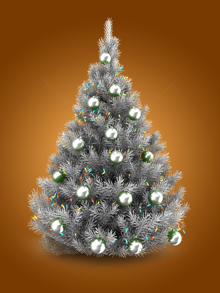 3d说明橙色背景上含灯光和银球的色圣诞树图片