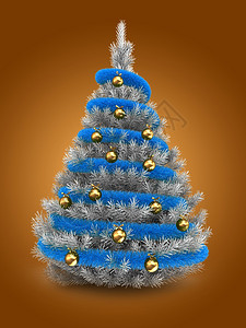 3d银色圣诞树在橙背景上方的银棕树和蓝金球的3d插图图片