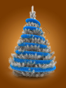 3d说明橙色背景上的银圣诞树和蓝的银图片