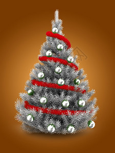 3d以红锡和银球在橙色背景之上的银圣诞树图片