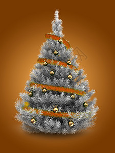 3d以橙色木薯和金球在橙色背景之上的银圣诞树图片