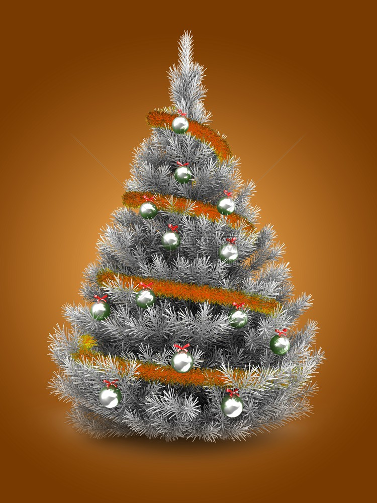 3d以橙色木罐和金属球在橙色背景之上的银圣诞树图片