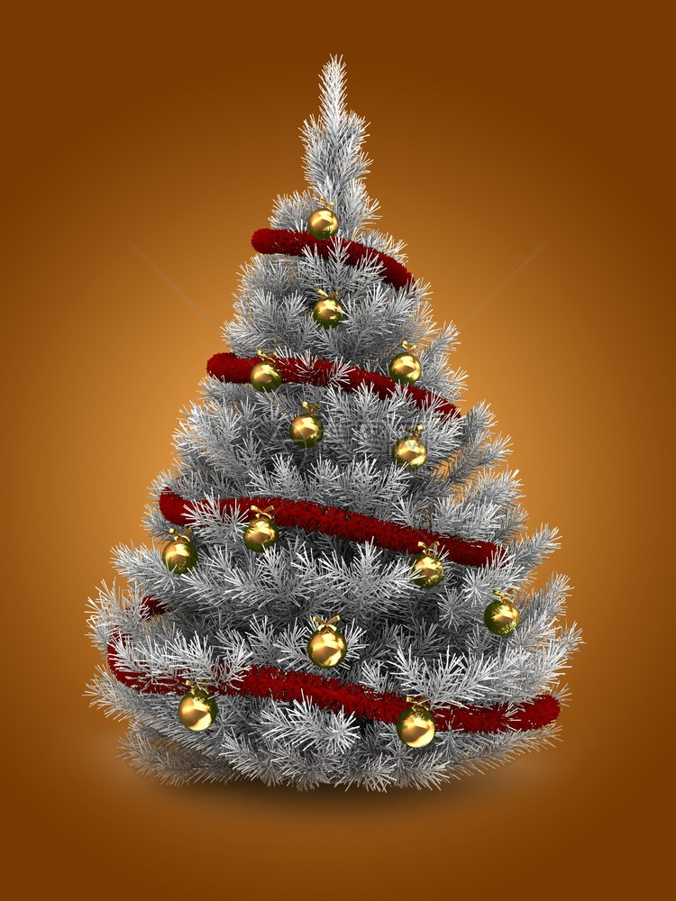 3d说明橙色背景上含红锡和金球的银色圣诞树图片