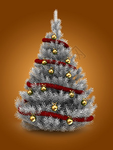 3d说明橙色背景上含红锡和金球的银色圣诞树图片