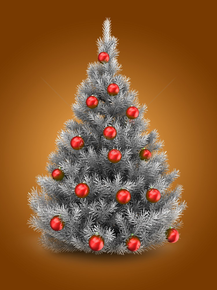3d以红色蛋白在橙背景之上的银圣诞树插图图片