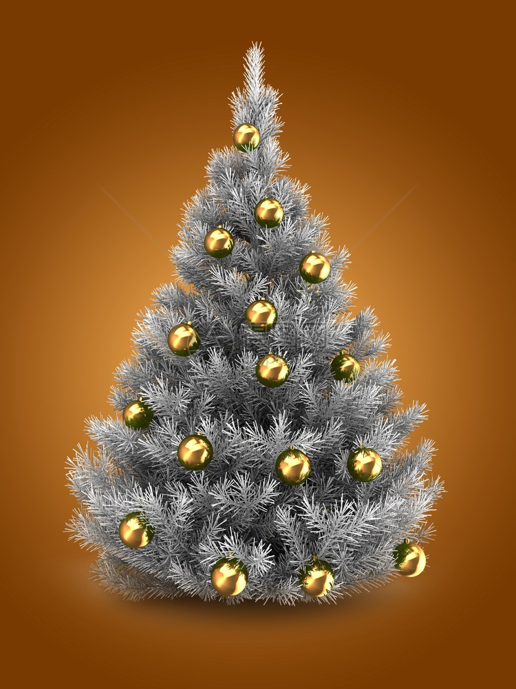 3d以金球在橙色背景之上的银圣诞树插图图片