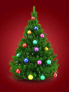 3d绿色圣诞树在红背景上有灯光和彩色球的绿圣诞树插图图片