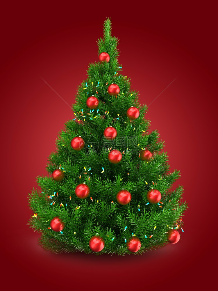 3d绿色圣诞树红底绿有灯光和红球图片