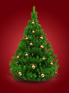 3d绿色圣诞树在红背景上以灯光和金球覆盖绿色圣诞树插图图片