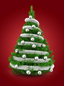 3d绿色圣诞树在红背景上与锡灰和银球相比的绿色圣诞树插图图片