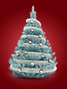 3d说明蓝色圣诞树在红背景上与锡灰球和金属覆盖的蓝色圣诞树图片