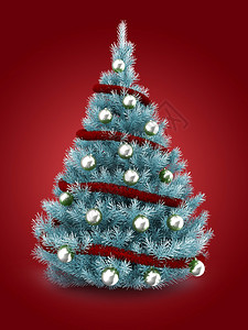 3d说明蓝色圣诞树在红背景和木头银球之上的蓝色圣诞树图片