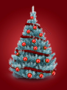 3d说明蓝色圣诞树在红背景上木薯和球的色圣诞树图片