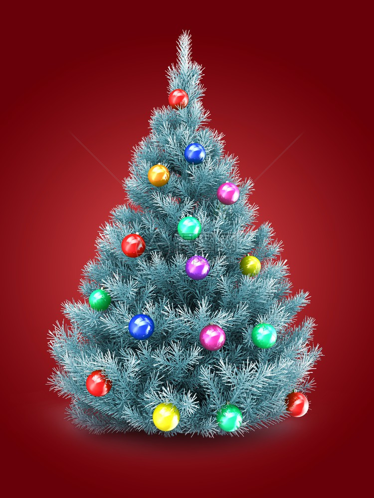 3d蓝色圣诞树在红背景和彩球上方的蓝圣诞树插图图片