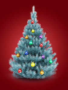 3d蓝色圣诞树在红背景和玻璃球上方的蓝色圣诞树插图背景图片