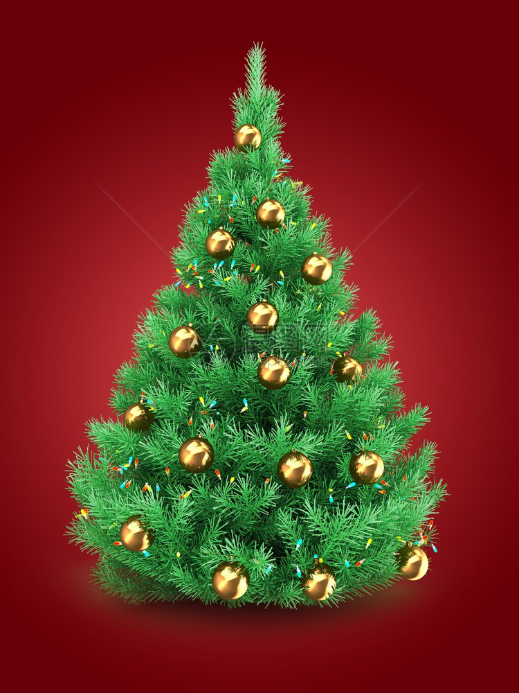 3d说明红底的圣诞树有灯光和金球图片