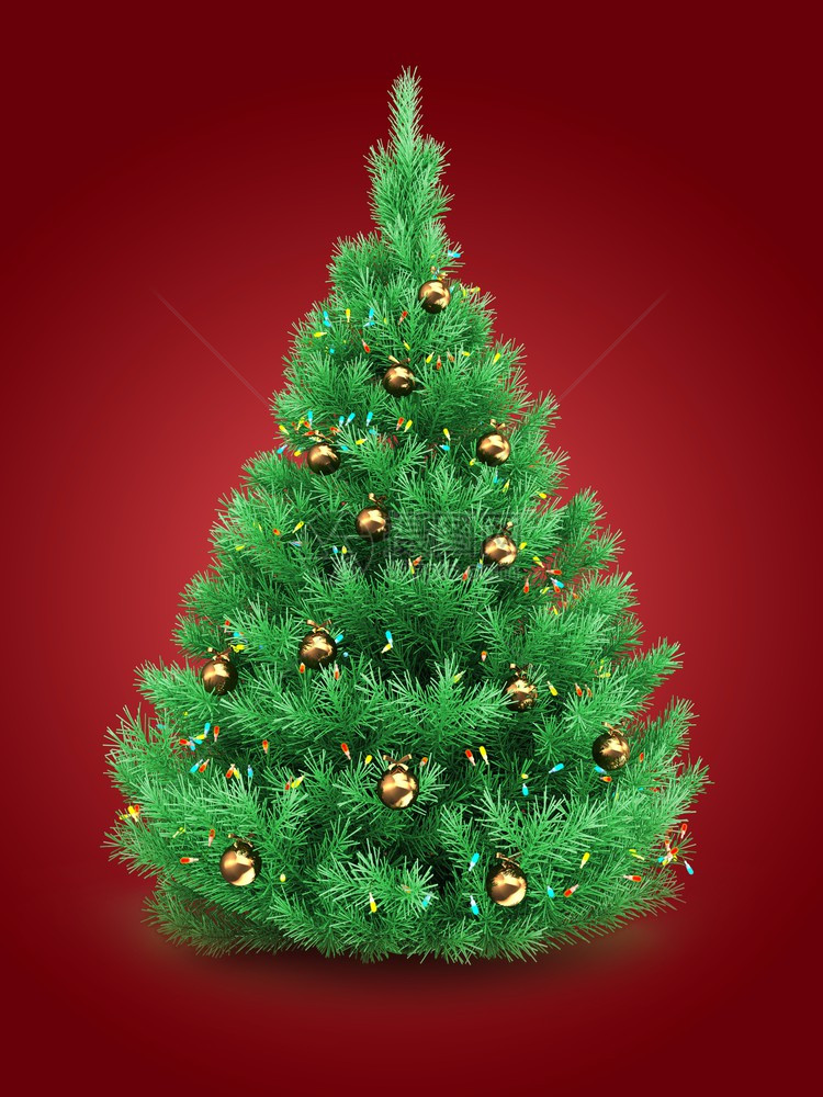 3d说明红底的圣诞树有灯光和金球图片