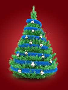 3d说明红底的圣诞节树蓝色和铬球图片