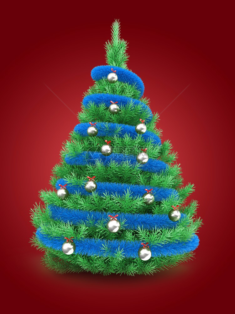 3d说明红底的圣诞树与蓝色锡灰球和金属图片