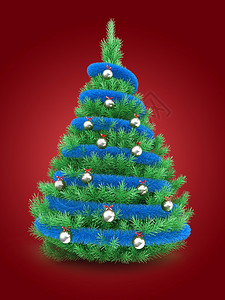3d说明红底的圣诞树与蓝色锡灰球和金属图片