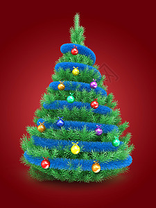 3d说明红底的圣诞树蓝色和玻璃球图片