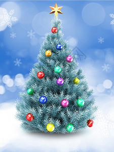3d以金星和多彩球向雪底展示蓝色圣诞树图片