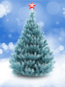 3d以红色恒星在雪底的蓝色圣诞树上插图3d背景图片