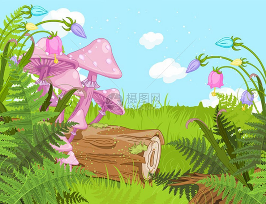 充满幻想蘑菇和花朵的风景图片