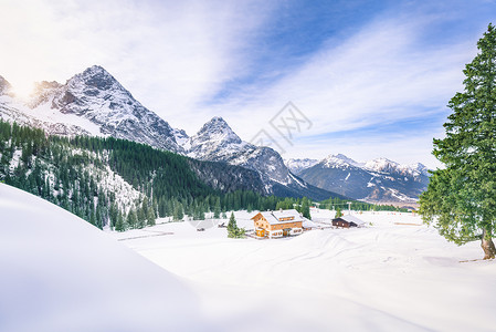 周围有木屋是白雪山脉绿色森林和厚的雪层位于奥斯特里亚州Ehrwald图片