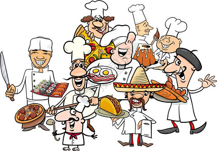 卡通画盘有趣的国际烹饪厨师配菜盘的漫画插图插画