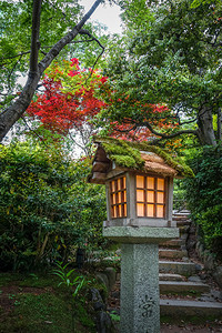 日本京都荒山竹林中的神殿神灯日本京都久子寺的灯背景图片