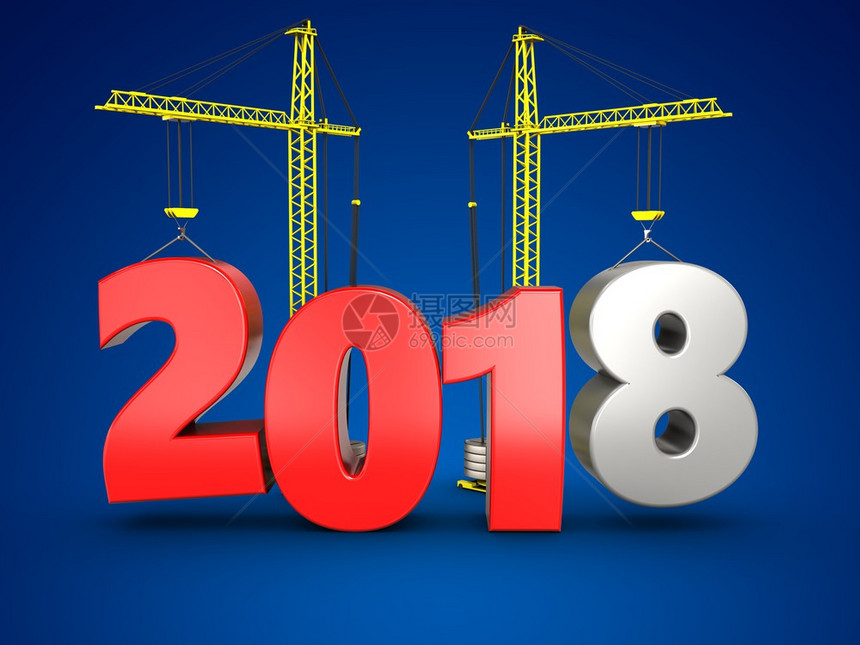 蓝色背景上的起重机的2018年3d插图2018年第三季度图片