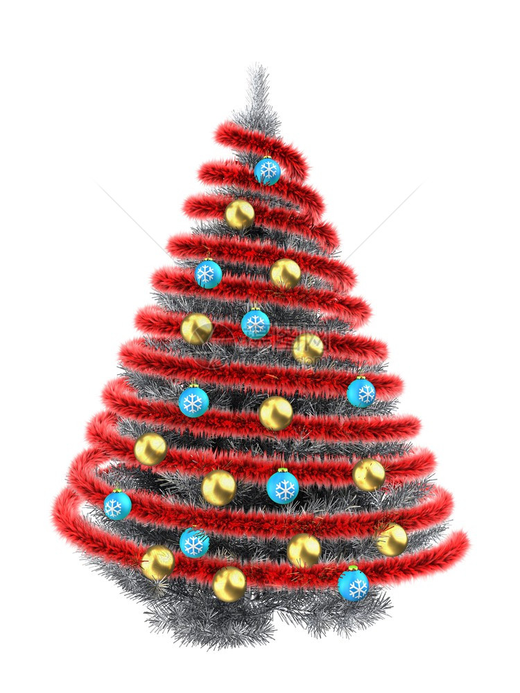金属圣诞树的三维插图白色金色的球和花边的红色3d金属丝图片