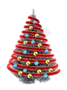金属圣诞树的三维插图白色金色的球和花边的红色3d金属丝图片