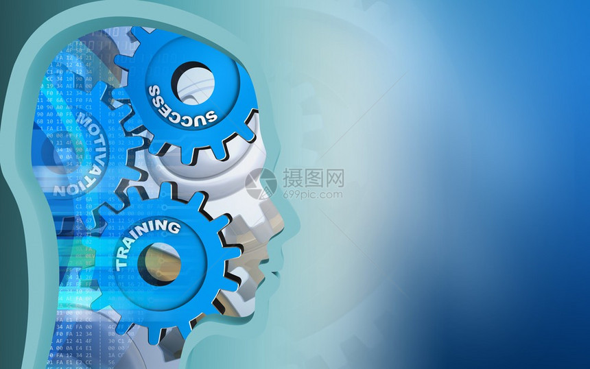 3d以蓝色背景和齿轮展示成功系统头部概况图片