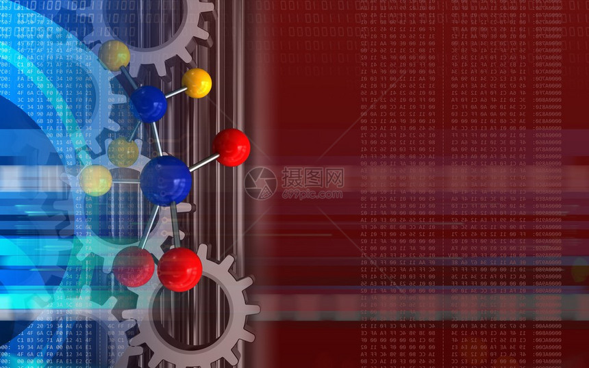 3d分子与齿轮对着红色底的分子插图图片
