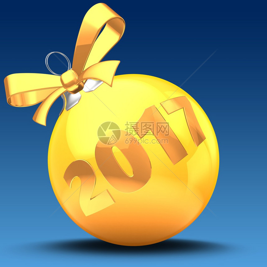 3d以2017年标志和黄丝带显示蓝色背景的橙圣诞节球2017年标志和黄丝带图片