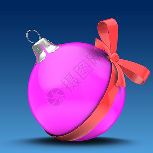 3d粉红圣诞节球在蓝色背景和红弓上展示图片